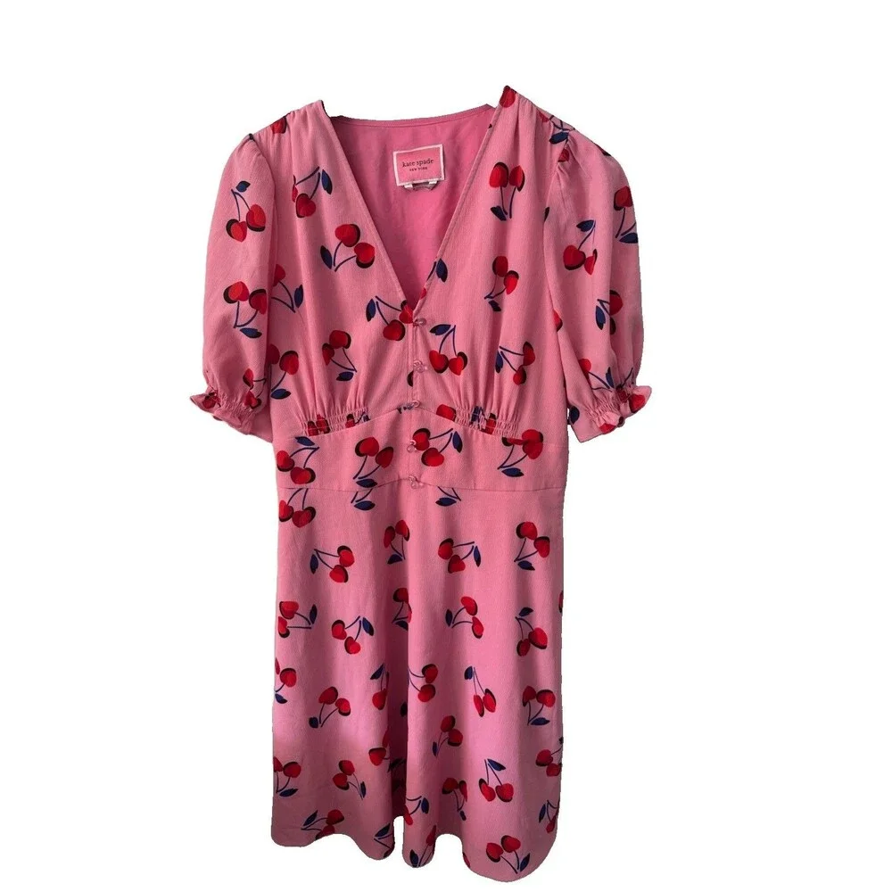 Kate Spade New York Womens Pink Cherry Print Short Sleeve Dress Pockets Size 8